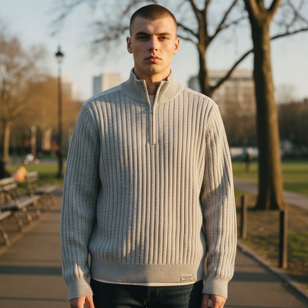 CK Jeans Sweater L Gray Ribbed Quarter Zip Cotton Transitional Gorp Normcore